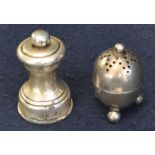 Small silver pepper grinder and a silver egg shaped pepperette on ball feet. (2) (B.P. 21% + VAT)