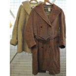 Two vintage coats, one cream sheepskin with shell buttons labelled 'Morlands curlem' and a belted