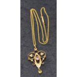 9ct gold Art Nouveau Suffragette pendant on chain set with amethyst, peridot and pearls. Weight 7.3g