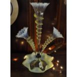 Victorian green vaseline glass epergne having single central tall flute with two shaped side flutes,