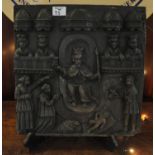 Deeply carved oak panel depicting a Royal court with various figures, in 16th Century style. 40 x