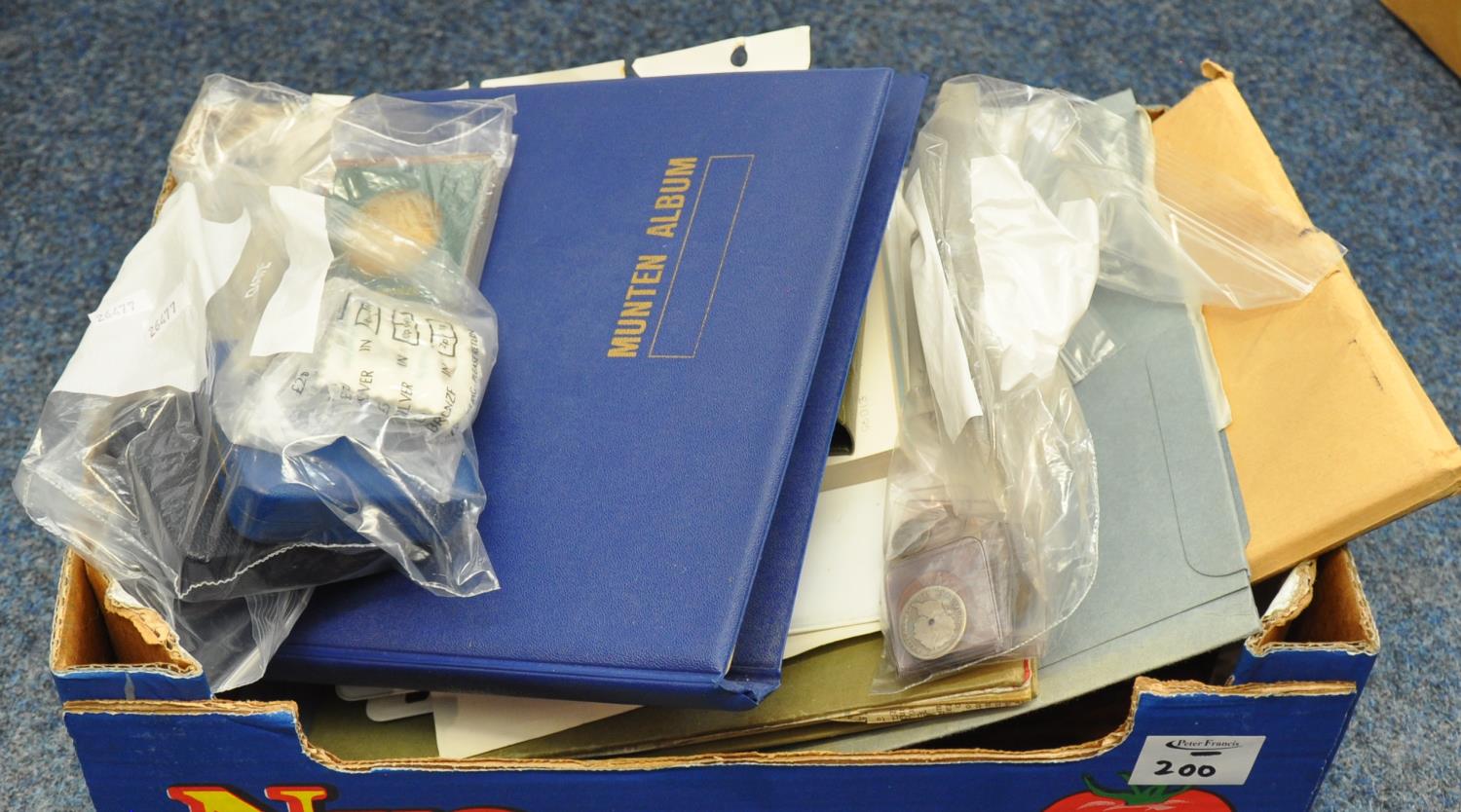 Box of assorted coins and similar ephemera to include; silver half crowns, silver shillings, GB