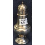 Silver baluster shaped sugar caster on circular reeded base. Rubbed hallmarks, 18cm high approx, 4.2