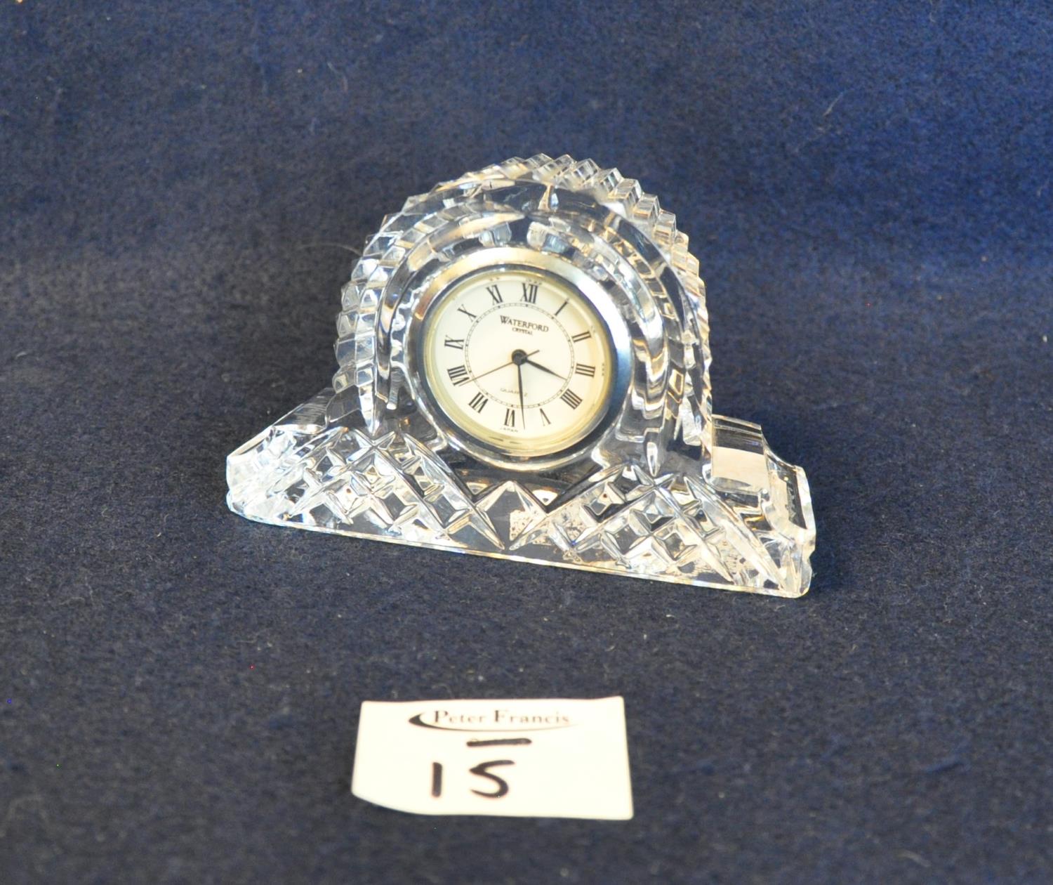 Small Waterford cut crystal glass hat shaped boudoir clock with Roman numerals, 6.5cm high