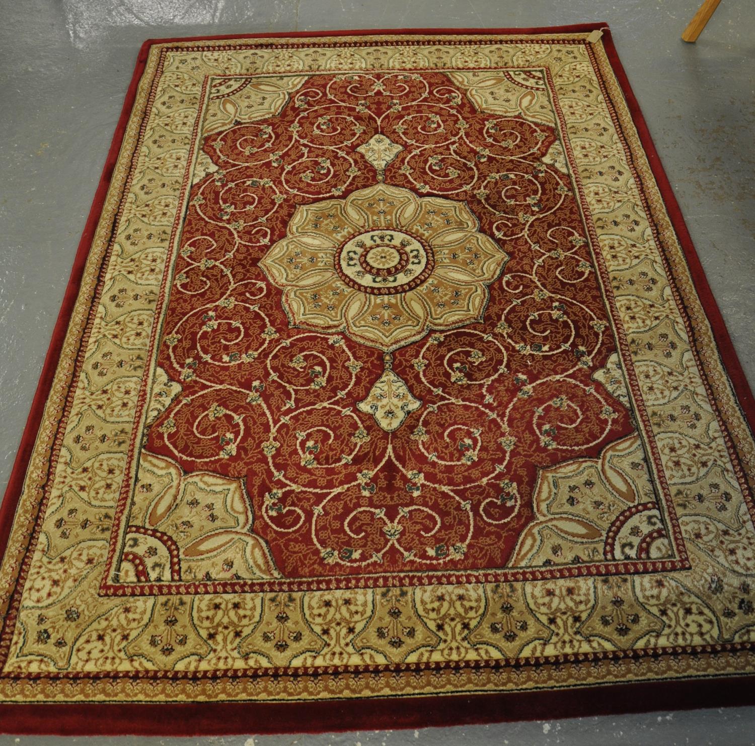 Modern Busan design rug or small carpet on red and cream ground. (B.P. 21% + VAT)