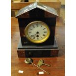 Late 19th/early 20th Century slate and red veined marble single train mantel clock with key and