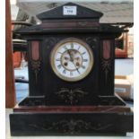 Late Victorian slate and red veined marble two train architectural mantel clock having enamel face