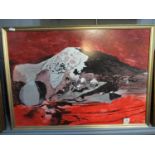 After Graham Sutherland (born 1903), red landscape, coloured print, dated 1942. 26 x 38" approx,