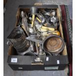 A box of metalware, cutlery, tankards etc. (B.P. 21% + VAT)