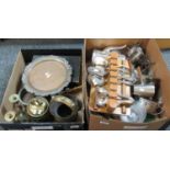 Two boxes of metalware, brassware, some silver plate and white metal items. (2) (B.P. 21% + VAT)