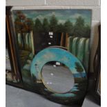 Two unusual hand painted mirrors, one depicting a waterfall with trees and herons, the other of