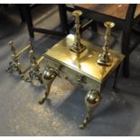 19th Century traditional brass footman, together with pair of brass candlesticks and pair of fire
