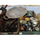 Two boxes of assorted metalware and figures. (B.P. 21% + VAT)