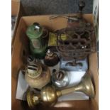 Box of mainly brass and glass oil lamp bases, together with a tilley lamp, a commemorative oil