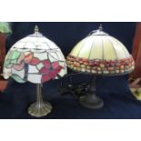 Modern Tiffany style floral table lamp on gilded base, together with another modern mother of