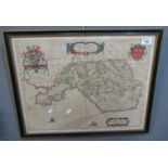 Probably 17th century coloured map of Glamorganshire. Framed and Glazed. Appears unnamed. (B.P.