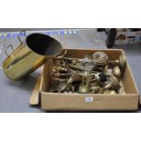 Box of brassware to include: coal scuttle, companion set, bellows etc. (B.P. 21% + VAT)