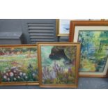 A collection of furnishing pictures and prints to include unframed abstract oils on canvas,