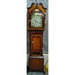 19th Century oak walnut and mixed woods longcase clock by D.D Evans, Carmarthen, the face with Roman