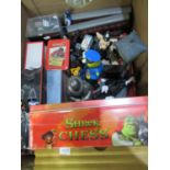 Three boxes of assorted modern toys to include; various chess sets including Shrek and Thunderbirds,