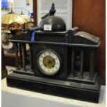 Late Victorian slate architectural two train mantel clock, having enamelled face with pilaster