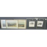 A set of four reproduction coloured hunting scene prints, framed and glazed. Together with a pair of