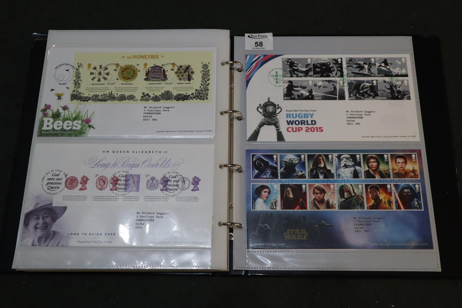 Great Britain collection of first day covers in black stamp album, 2012 to 2015 period,