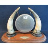 Early 20th Century presentation table gong, with cows horns and plated mounts on an oak stand marked