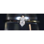 18ct white gold marquise cut diamond solitaire ring. Ring size N & 1/2. Weight 1.8 grams. (B.P.