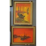 Two contemporary oils and acrylics of boats at sunset, both indistinctly signed, both framed. (2) (