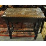 Late Victorian carved oak folding card table on bobbin turned supports. (B.P. 21% + VAT)