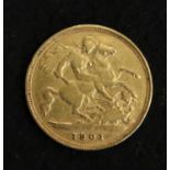 Victorian 1901 half sovereign. Weight approx 3.9 grams. (B.P. 21% + VAT)