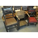 Late Victorian carved and upholstered low armchair, together with a cane back tub chair and an early