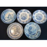 Collection of 19th Century blue and white transfer printed cabinet plates to include; cows