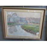 E.A Nicholas, river scene with distant village, signed, oils on board. (B.P. 21% + VAT) Very