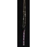 18ct gold pink sapphire and diamond 10 stone bar pendant and chain. Weight approx 2.1 grams. (B.P.