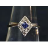 Art Deco 9ct gold sapphire and diamond ring. Ring size O & 1/2. Weight approx 1.6 grams. (B.P. 21% +