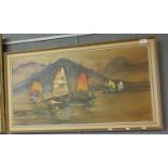 Contemporary study of ships on a lake, signed indistinctly and dated 1965, acrylic, framed. 44 x