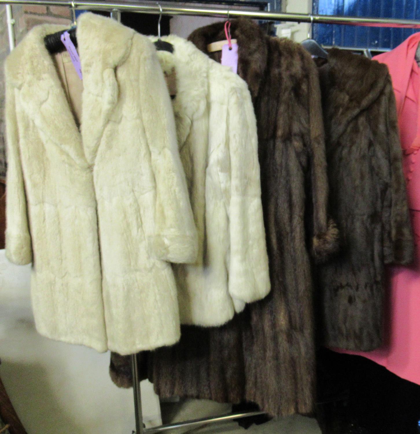 Four fur coats to include; two brown and two short cream rabbit fur, one with Howells of Cardiff