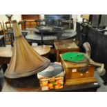 Early 20th Century oak cased gramophone with tin horn and assorted records. (B.P. 21% + VAT)