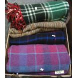 Box containing four vintage blankets/throws to include; a purple ground check blanket by Cambrian