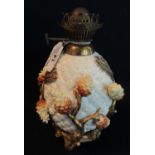 19th Century porcelain acorn single oil burner lamp base by Moore & Co, pink marks to the base. 23cm