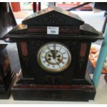 Late Victorian slate and red veined marble two train architectural mantel clock having enamel face
