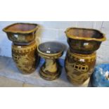 A collection of oriental design glazed terracotta conservatory ornamental items decorated with