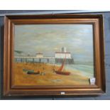 Samuel Pope (British 1881-1940), beach scene with pier and figures, oils on board, signed. 38 x 50cm