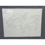 Unusual sketch of a group of horses, pen and ink, signed in pencil, indistinct signature dated 1984,