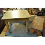 Small oak side table of rectangular form, together with an elm and pine small stool with shaped