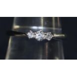 9ct white gold three stone diamond ring. Ring size N & 1/2. Weight approx 2.3 grams. (B.P. 21% +