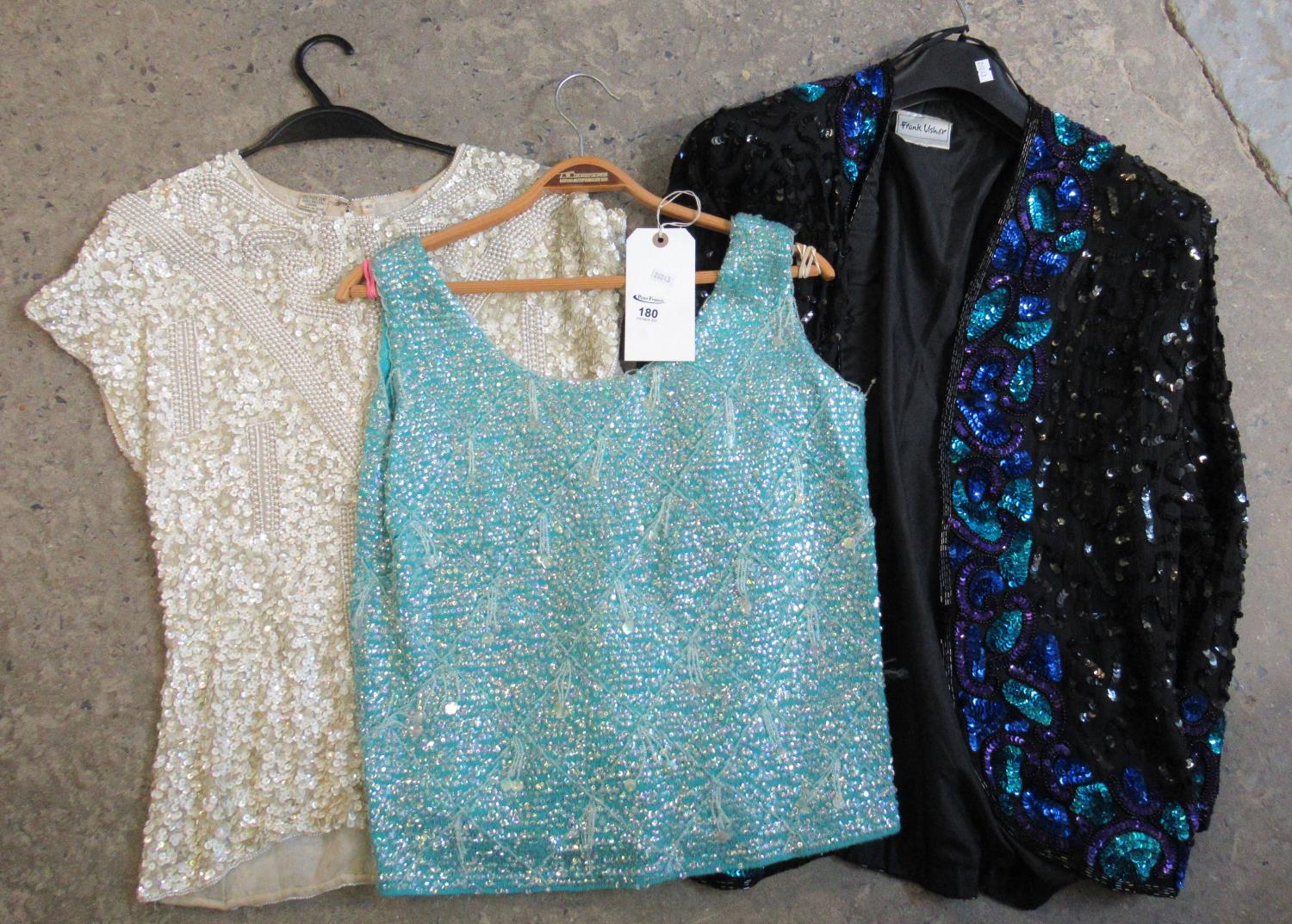 A Women's vintage Frank Usher sequin and silk jacket and two sequin and silk tops. (3) (B.P. 21% +