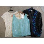 A Women's vintage Frank Usher sequin and silk jacket and two sequin and silk tops. (3) (B.P. 21% +